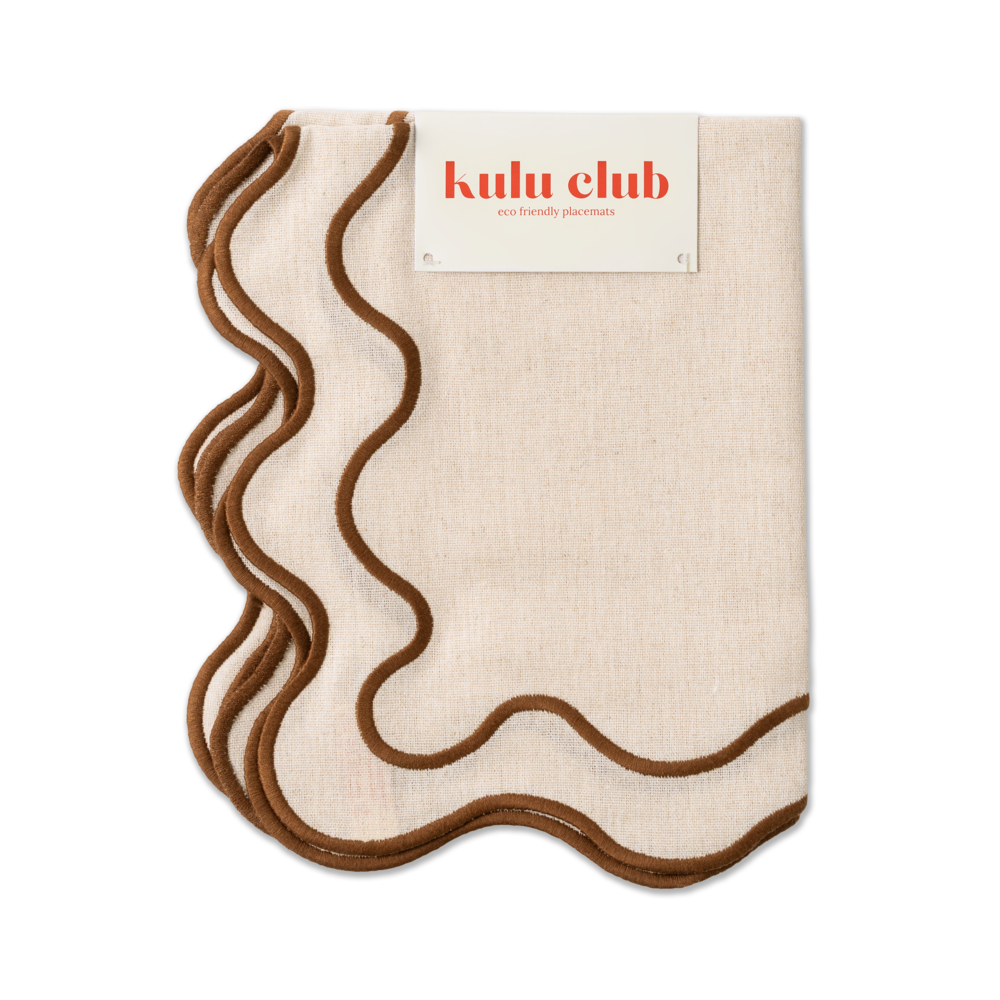 Set 2 Tovagliette in stoffa Beige con ricamo Marrone - "Wavy" Beige / Brown