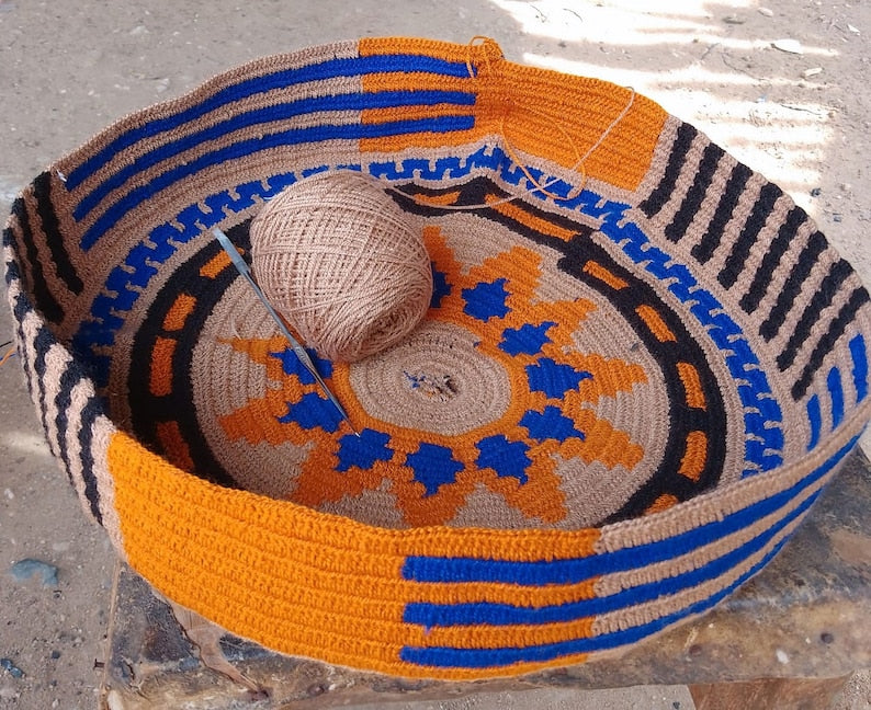 Mochilla Wayuu - TOTE BAG senape / blu / corda