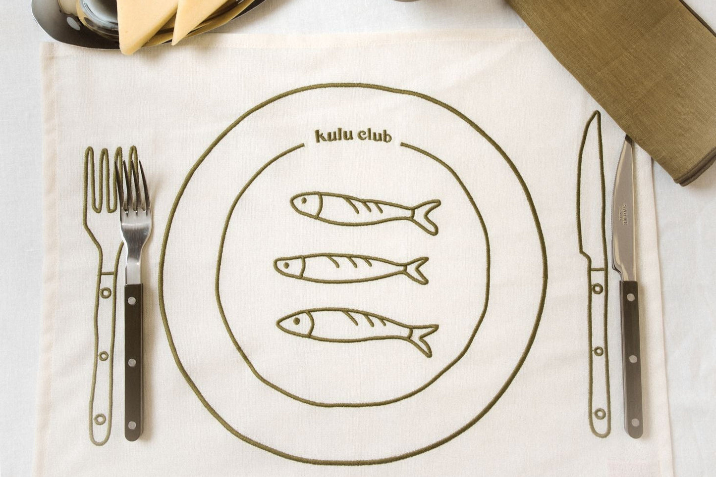 Set 2 Tovagliette in stoffa Beige e Verdi - "Bistrot" con Acciughe, Asparagi e Pomodorini