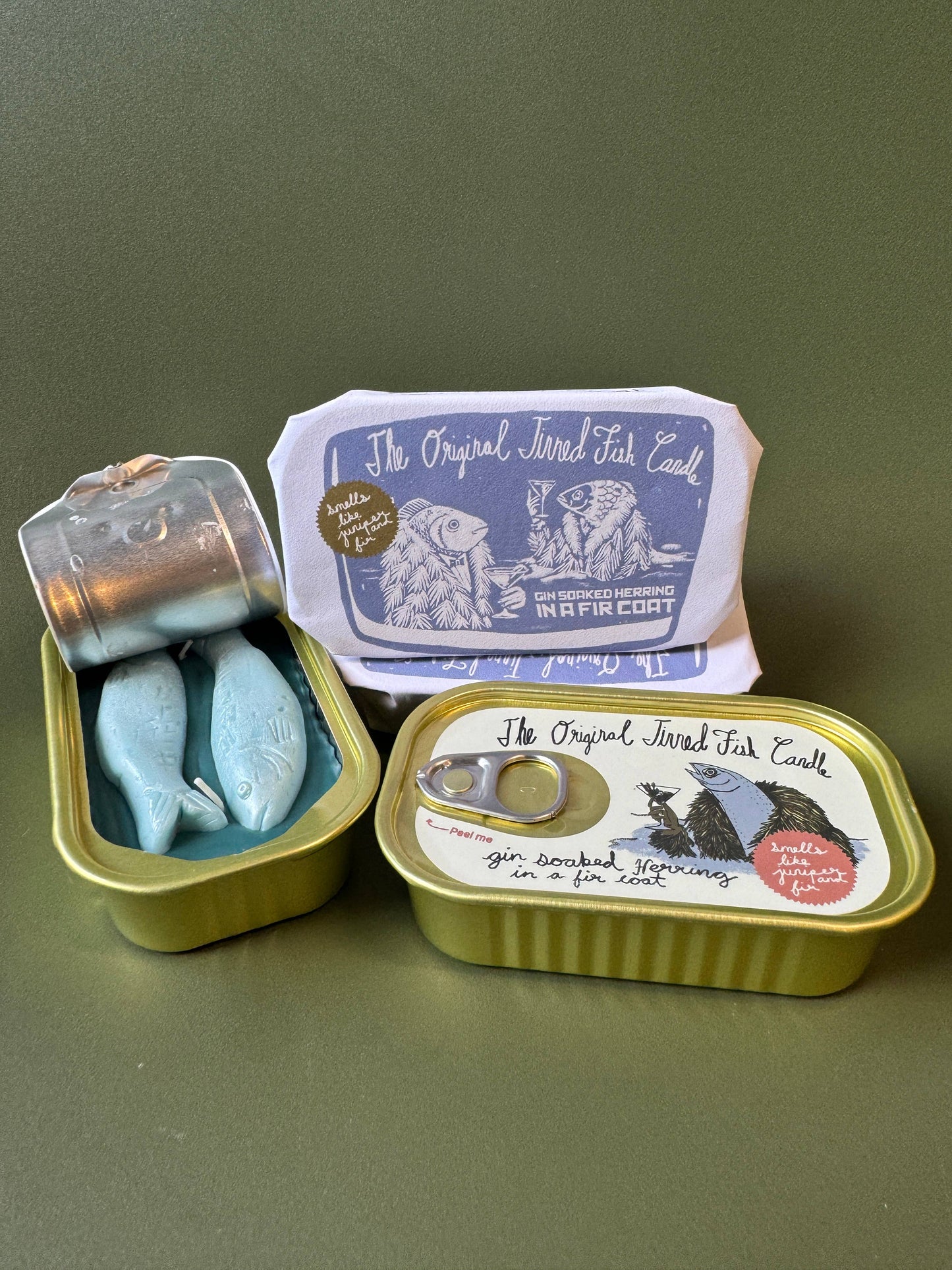 Candela a forma di pesce in scatola, motivo: ginepro e abete di Fraser