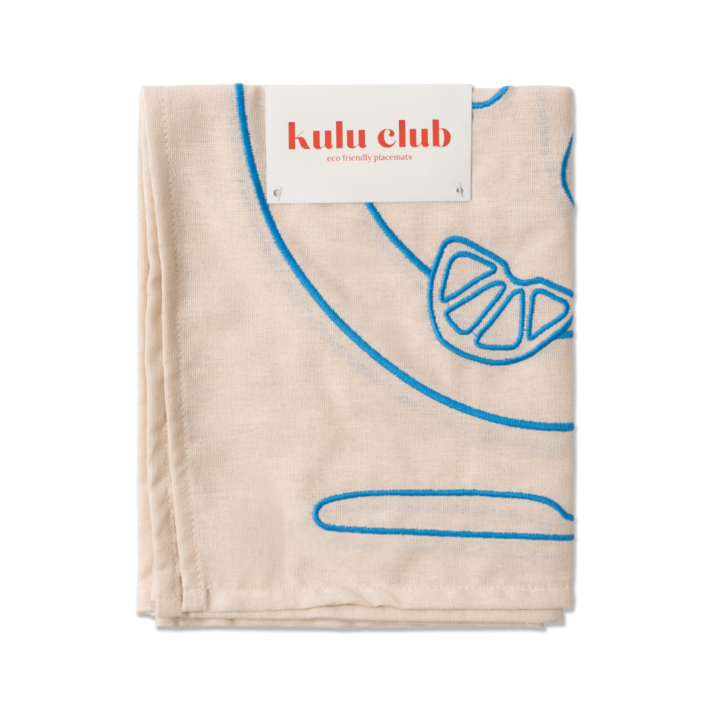 Set 2 Tovagliette in stoffa Beige e Azzurre - "Bistrot" con Pesce e Ostriche