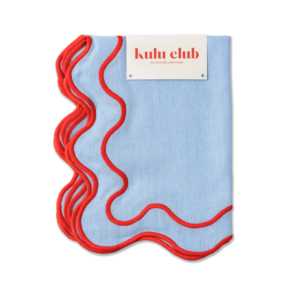 Set 2 Tovagliette in stoffa Azzurro con ricamo Rosso - "Wavy" Blue / Red