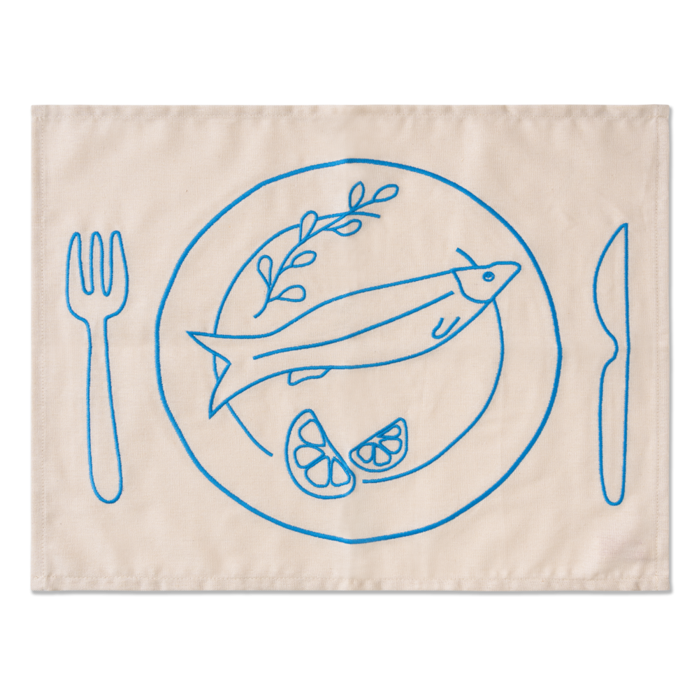 Set 2 Tovagliette in stoffa Beige e Azzurre - "Bistrot" con Pesce e Ostriche
