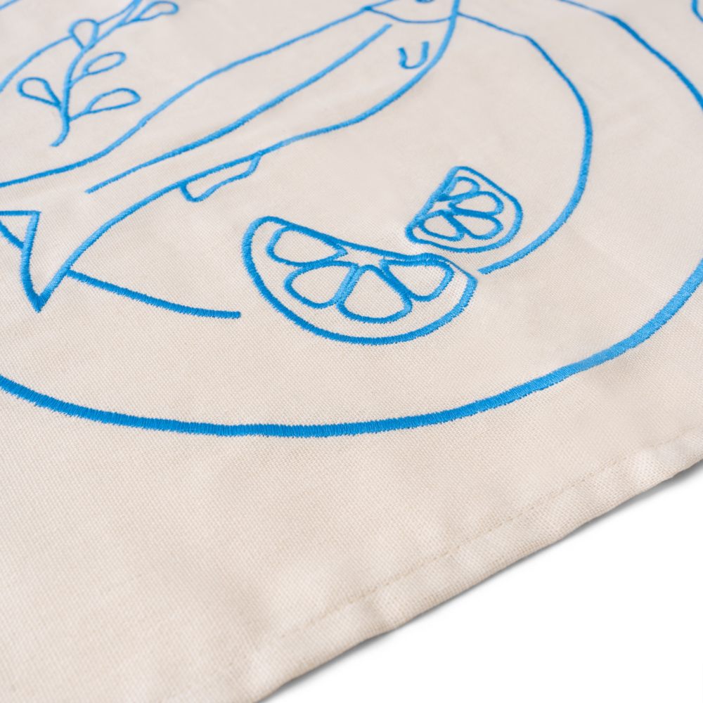 Set 2 Tovagliette in stoffa Beige e Azzurre - "Bistrot" con Pesce e Ostriche