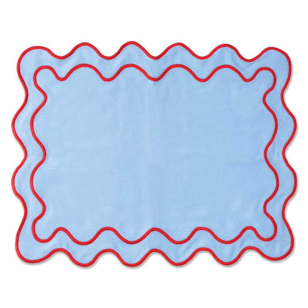 Set 2 Tovagliette in stoffa Azzurro con ricamo Rosso - "Wavy" Blue / Red