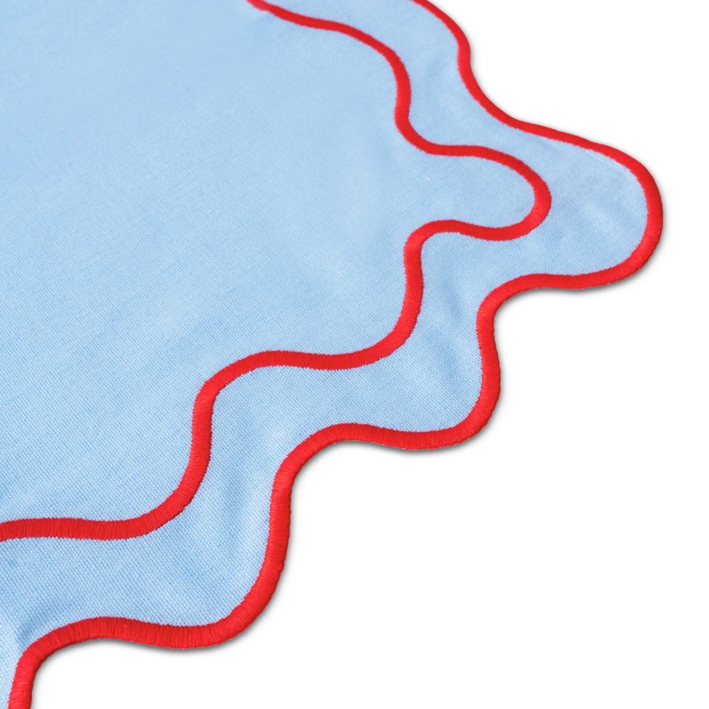 Set 2 Tovagliette in stoffa Azzurro con ricamo Rosso - "Wavy" Blue / Red