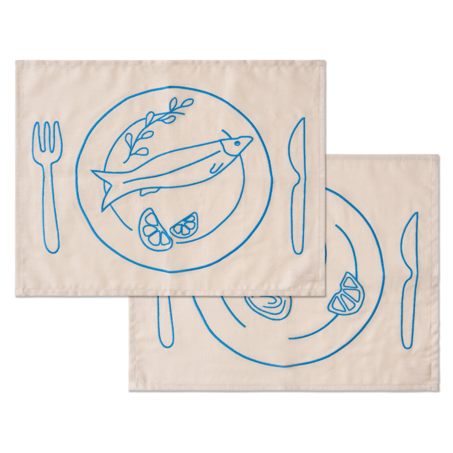 Set 2 Tovagliette in stoffa Beige e Azzurre - "Bistrot" con Pesce e Ostriche