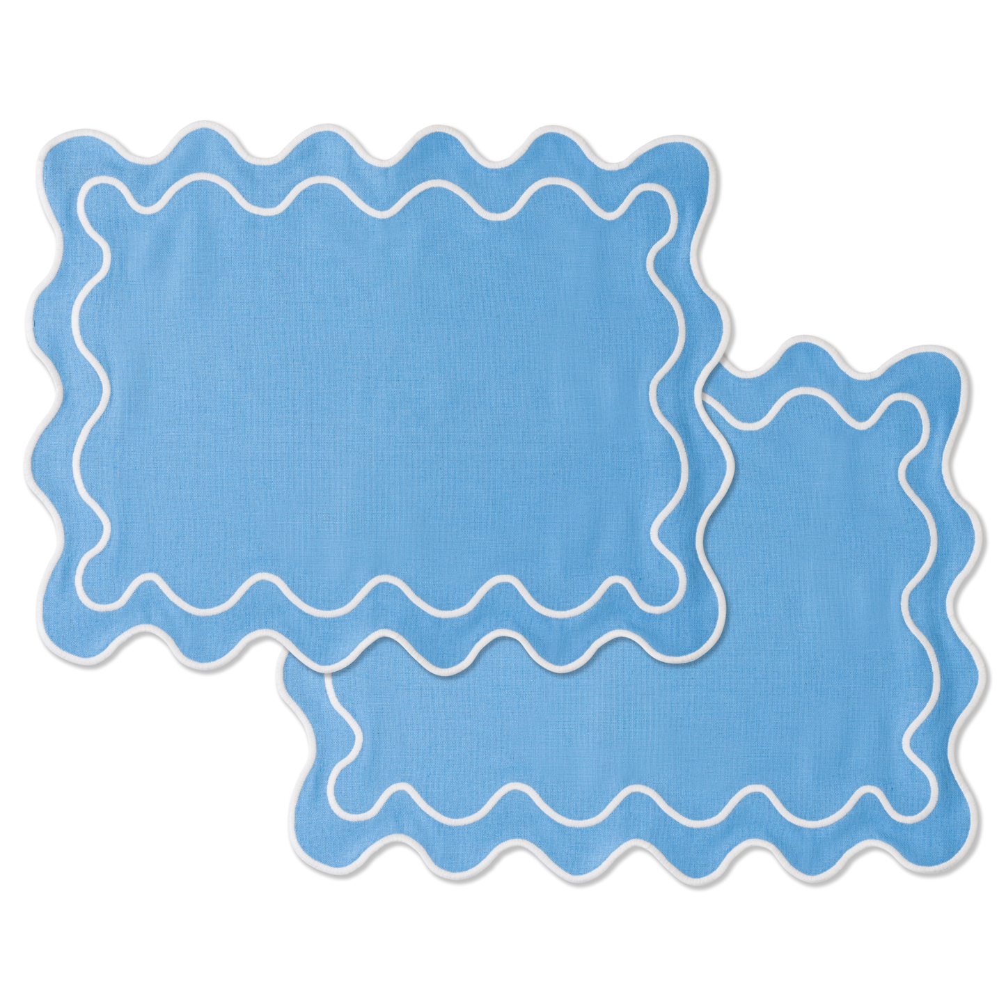 Set 2 Tovagliette in stoffa Azzurro con ricamo Bianco - "Wavy" Blue