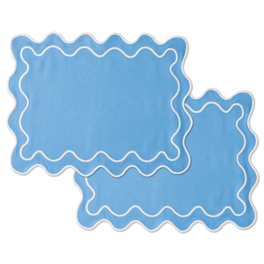Set 2 Tovagliette in stoffa Azzurro con ricamo Bianco - "Wavy" Blue