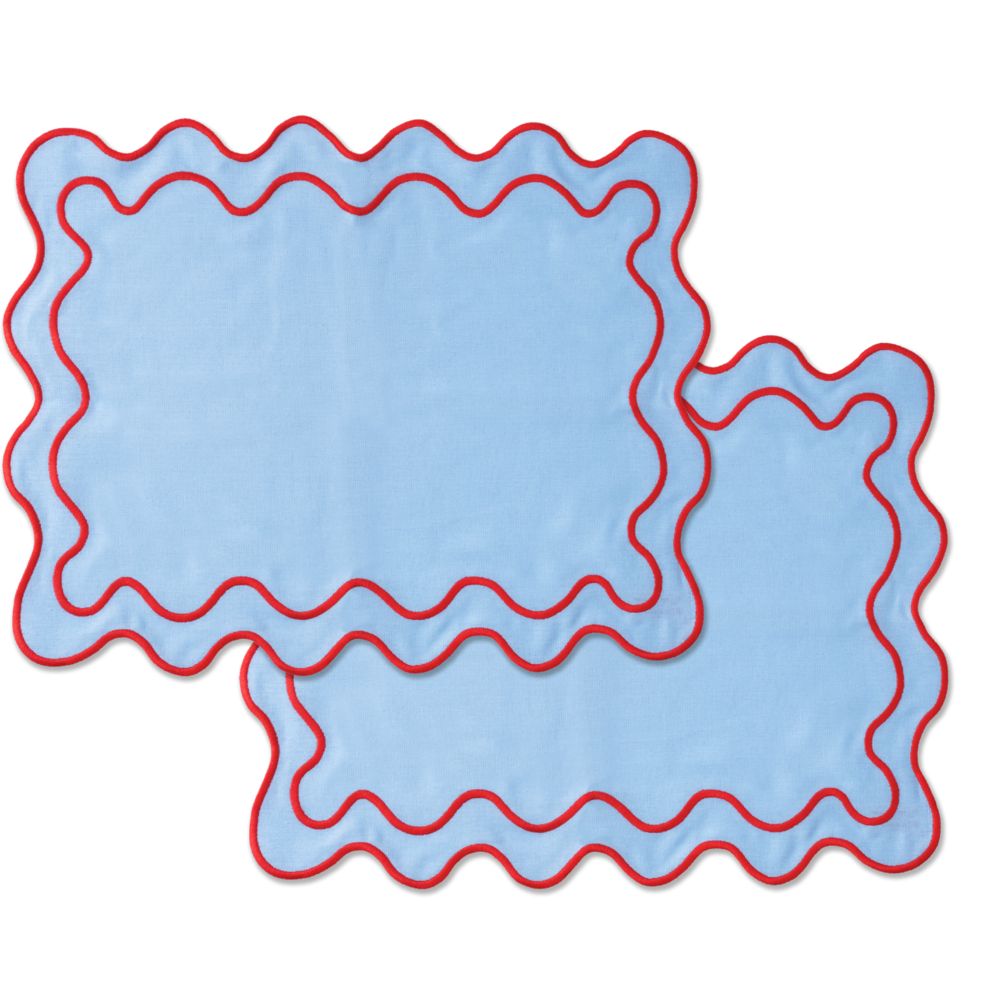 Set 2 Tovagliette in stoffa Azzurro con ricamo Rosso - "Wavy" Blue / Red