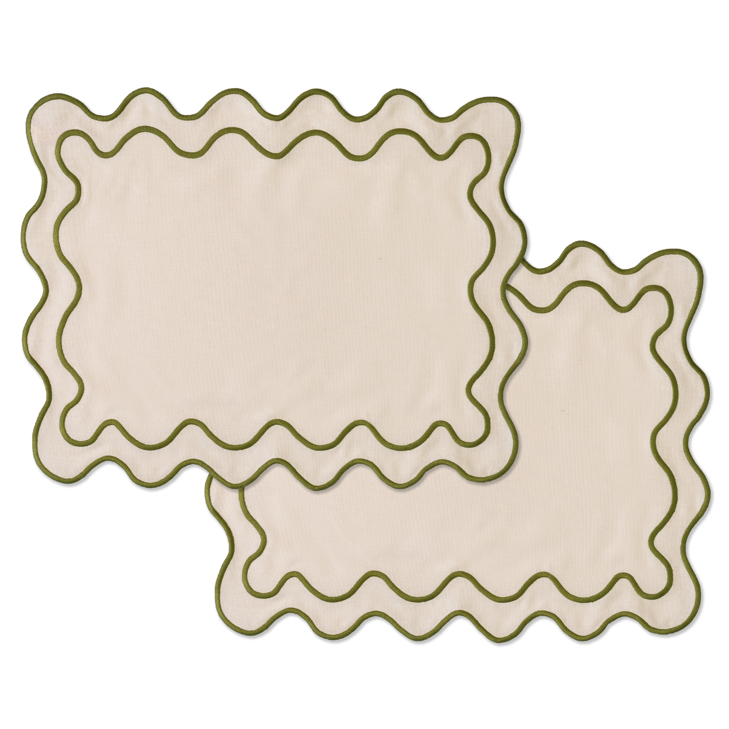 Set 2 Tovagliette in stoffa Beige con ricamo Verde - "Wavy" Beige