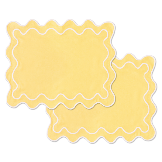 Set 2 Tovagliette in stoffa Giallo con ricamo Bianco - "Wavy" Giallo