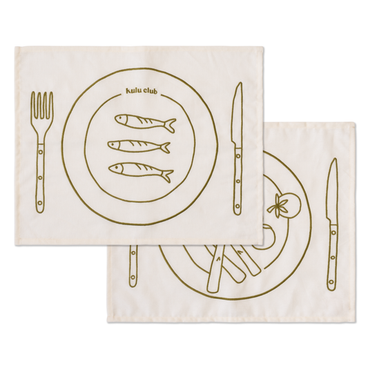 Set 2 Tovagliette in stoffa Beige e Verdi - "Bistrot" con Acciughe, Asparagi e Pomodorini